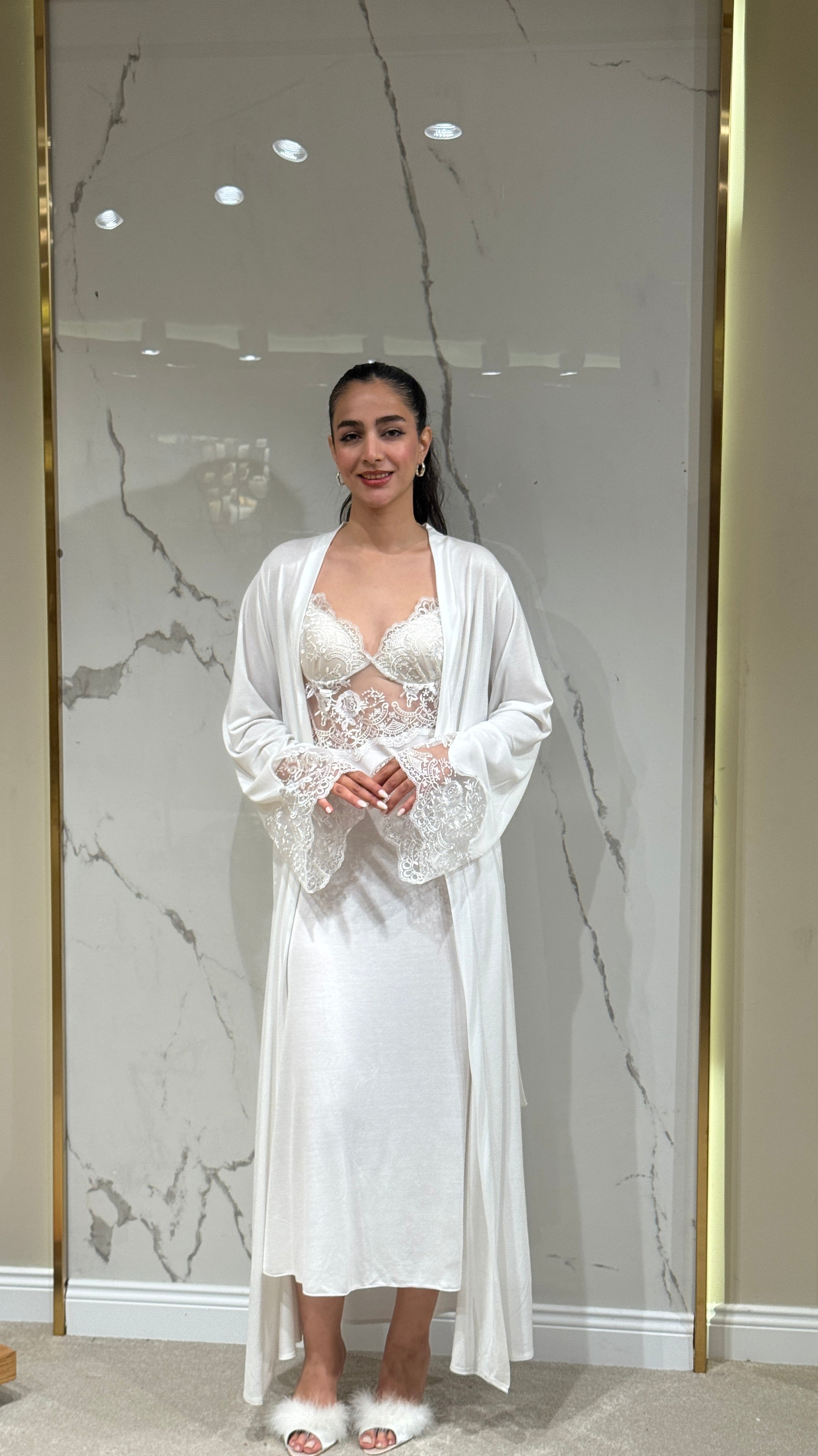 Saten Sabahlık - Dantel Detaylı 6'lı Set Takım