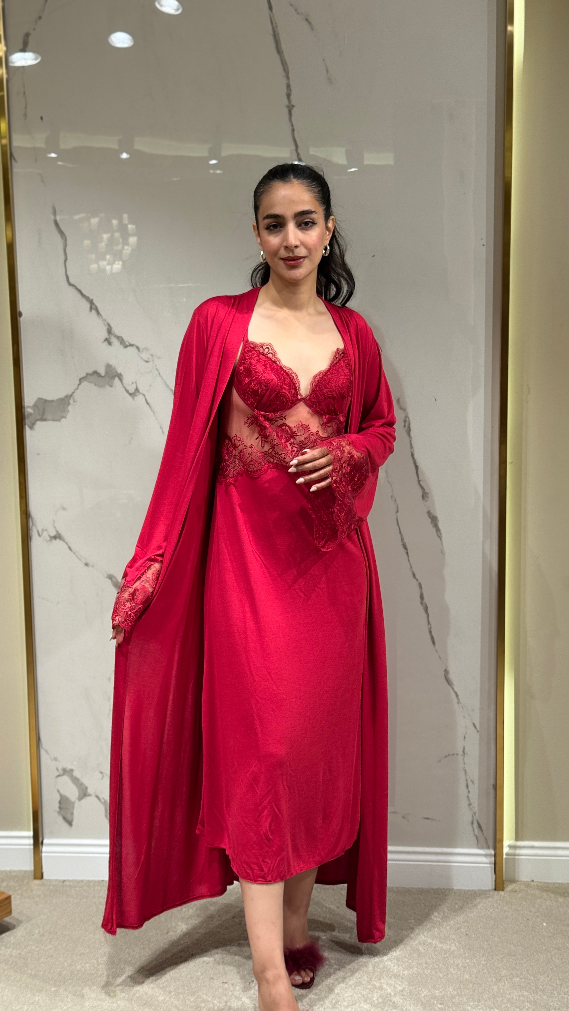 Saten Sabahlık - Dantel Detaylı 6'lı Set Takım