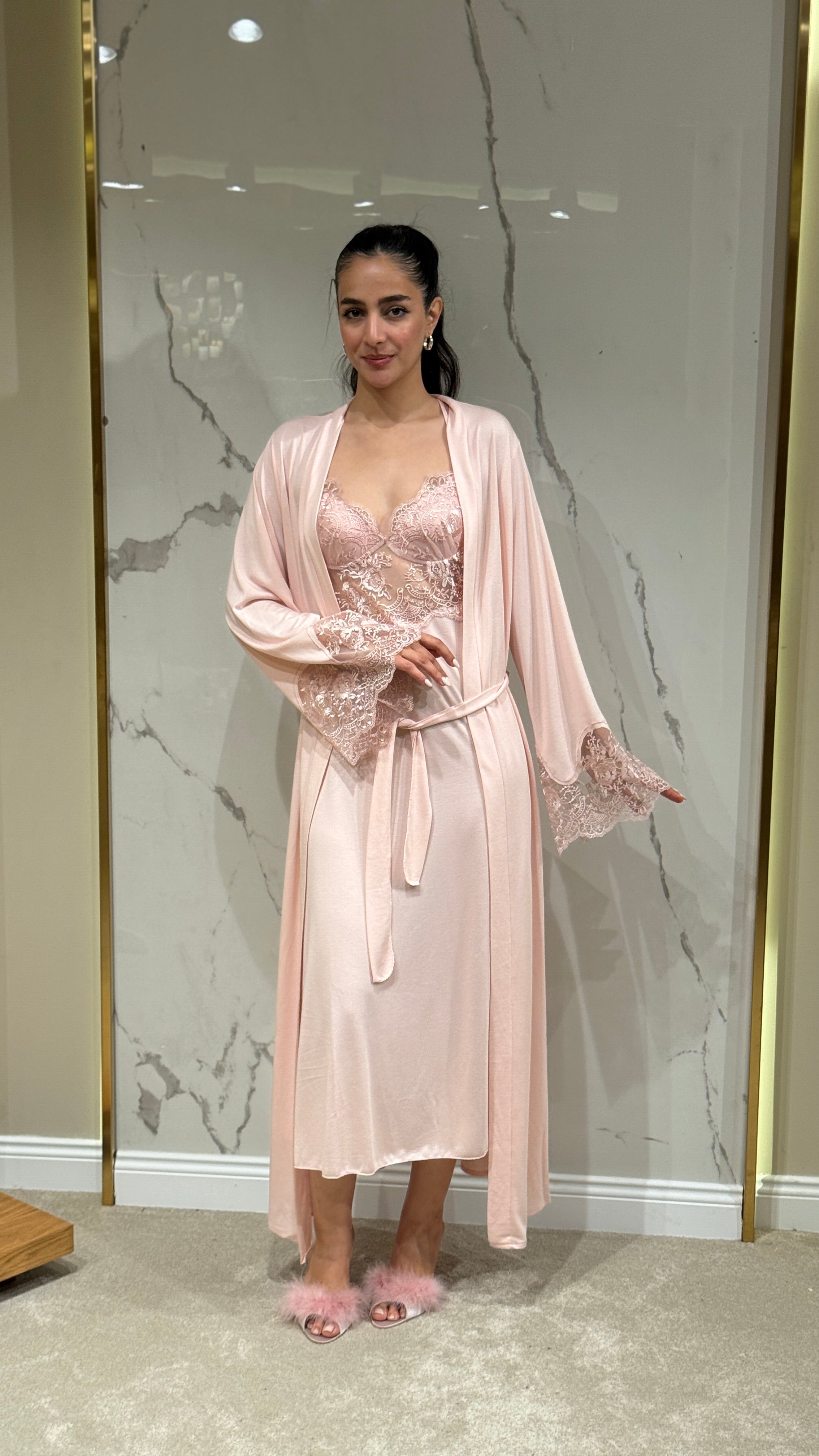 Saten Sabahlık - Dantel Detaylı 6'lı Set Takım